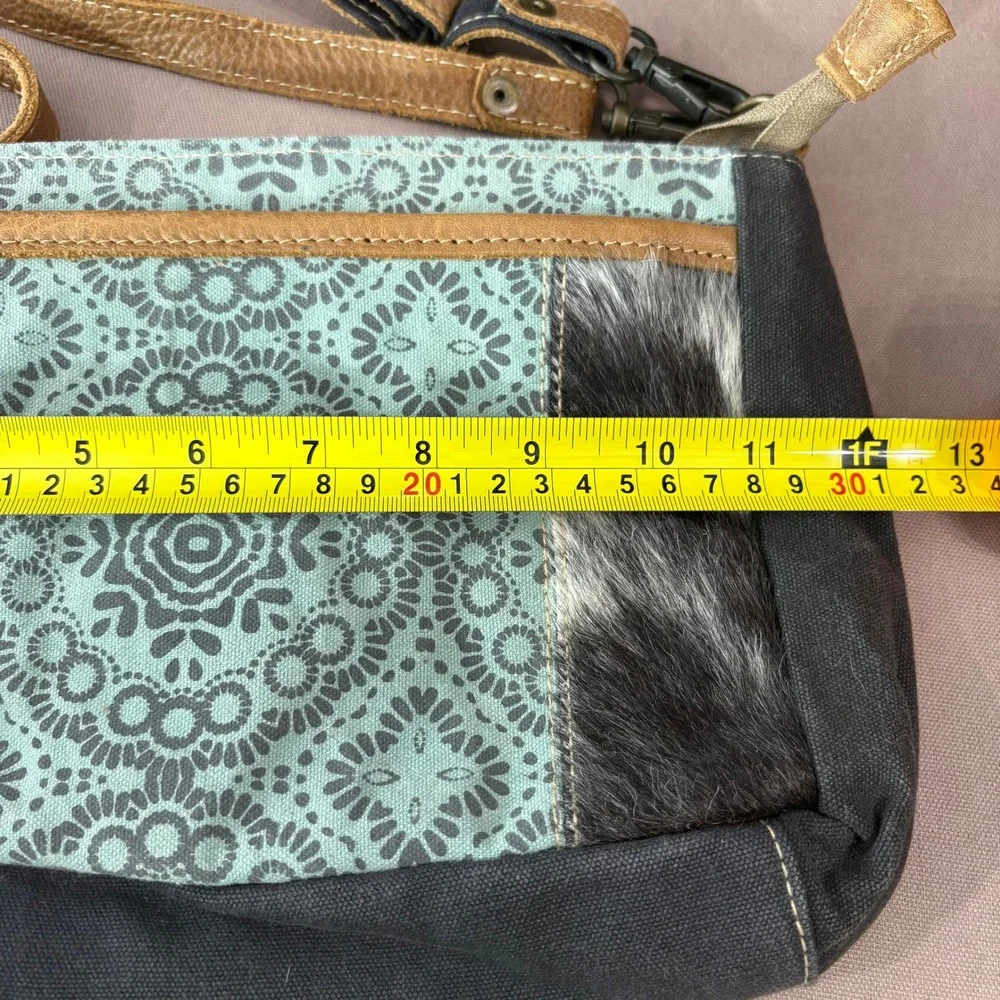 Myra Bag Handbag Small Teal Black Brown Crossbody Boho‎ Cowhide Canvas Mandala